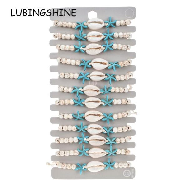 

12pcs/set natural stone shell starfish charms bracelet bracelets women braided adjustable chain anklets wristband jewelry, Golden;silver