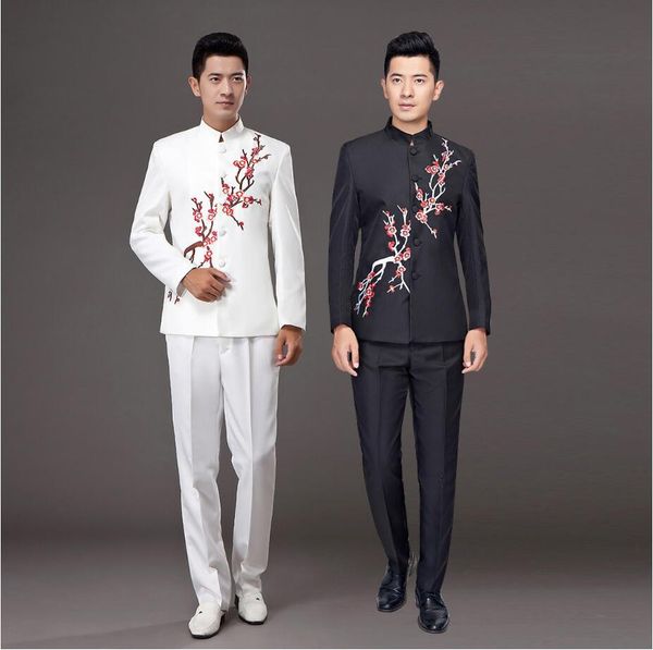 

white black suits plum blossom zhongshan suits jacket + pants performance costume male host singer clothing chorus stage costume