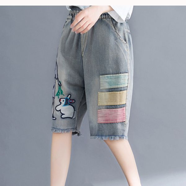 

women jeans denim shorts bottom big loose elastic waist cartoon embroidery patchwork fashion casual for spring summer bo21621530, Blue