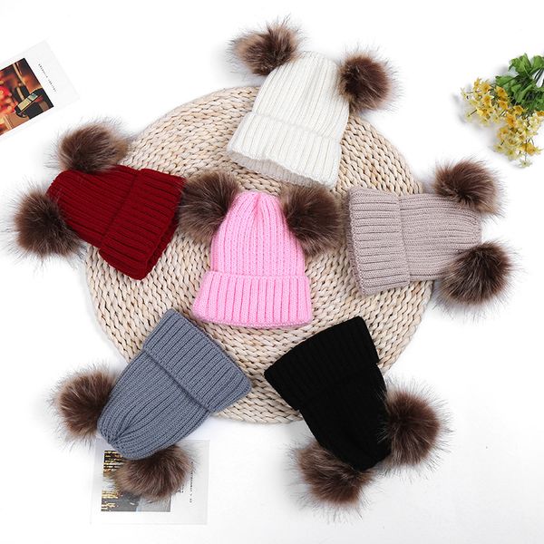 

kids pom pom beaies ins winter knitted hat warm wool hat skull beanie detachable double fur ball children knit outdoor caps, Yellow