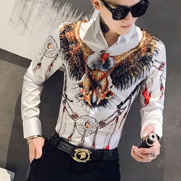 

2019 fashion designer 3d eagle printed shirt men's petticoat fashion men's social club shirt street clothing camisa, White;black