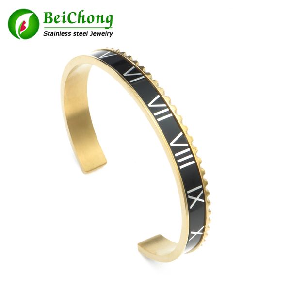 

bc watch accessories open bangle stainless steel cuff roman number bracelet, Black