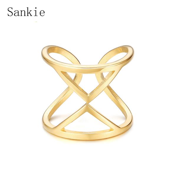 

sankie statement hourglass shape ring gold color stainless steel rings for women fashion geometric trendy ring jewelry wholesale, Golden;silver