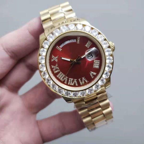 

men women gold fashion watch double calendar stainless steel diamond iced out shinning watches automatic movement wristwatches, Slivery;brown