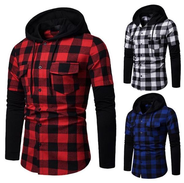 

men plaid contrast color patchwork hooded cardigan long sleeve single breasted double pockets men casaul shirt a113, White;black