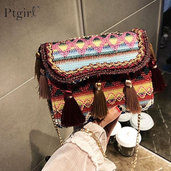 

2019 vintage women flap tassel bags bohemian rattan crossbody bags ptgirl handmade woven beach versatile sac bolsa feminina