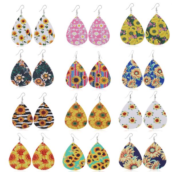 

new 12styles pu leather earrings printed sunflower teardrop dangle water drop shape ear hook earring two-sided eardrop for women jewelry, Silver