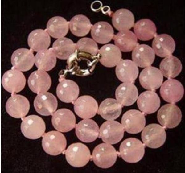 

+ 10mm faceted pink round beads stone necklace 17", Silver