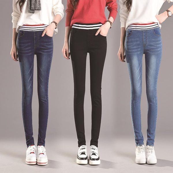 

2018 spring new style korean-style elastic waist jeans women's skinny trousers elasticity slim fit slimming fat mm large size, Blue