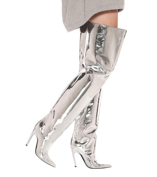 

autumn winter zip silver casual party shoes women boots mirror platform pointy toe punk high thin heels over the knee long boots, Black