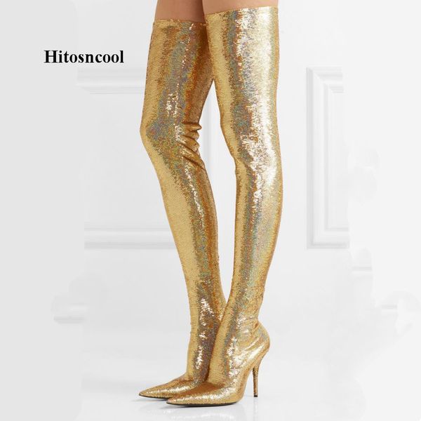 Bottes Hauts Femmes Automne Botas Talons Les Acheter En Argent Bottes Au Bling Piste Mujer Cristal Bout Bling Pour Genou Chaussures Pointu Sur 1uK3cTlFJ
