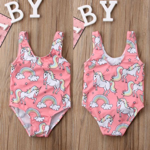 

lovely summer baby girl swimsuit 2018 cartoon girls unicorn swimwear swimming bikini bathing costume, White