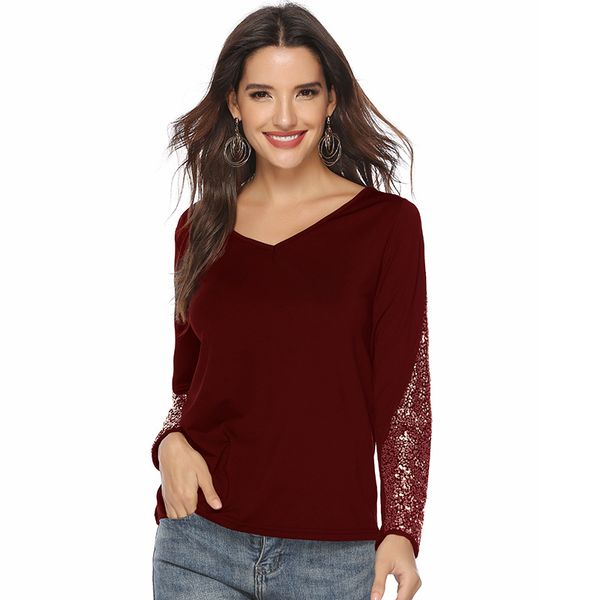 

cynthia autumn and winter women's sequin joint long sleeve v-neck t-shirt, White