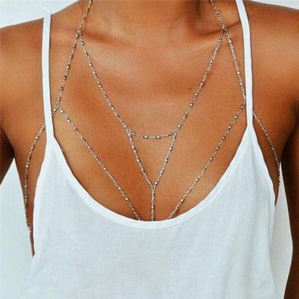 

women alloy necklace bead chokers jewelries beach bikini harness necklace bralette chain jewelry accessories ornaments torque, Silver