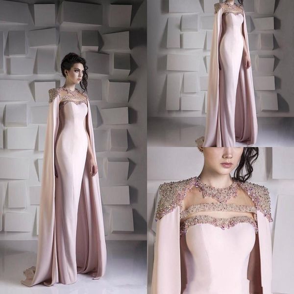

2020 gogeous mermaid evening dresses with cape bead crystal sequined satin formal prom dress jewel plus size arabic dubai wrap gowns