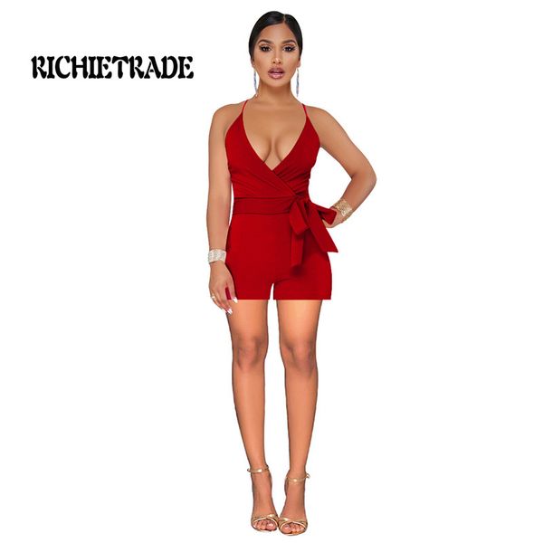 

richietrade сексуальная женщина комбинезон спагетти ремень твердые красочные рукавов короткие брюки пояса, Black;white