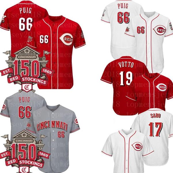

Cincinnati mens Reds Yasiel Puig 19 Joey Votto Jersey Majestic Gray 150th Anniversary Road Authentic Collection Player Baseball Jerseys