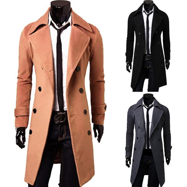 

adisputent trench coat 2019 fashion new men wool blends long coat autumn winter windproof slim trench male plus size, Tan;black