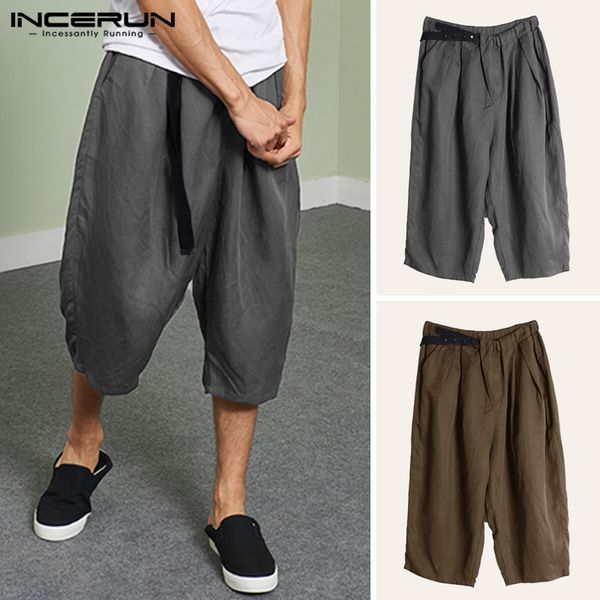 

2020 summer men solid color casual pants leisure calf-length pants loose joggers lace loose trousers vintage streetwear bottoms7, Black