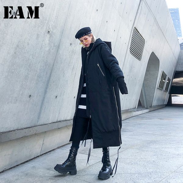 

eam] black big size hooded cotton-padded coat long sleeve loose fit women parkas fashion tide new autumn winter 2019 1h886