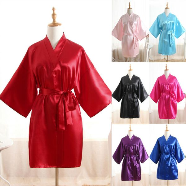 

silk satin women robes sleepwear v-neck solid belt robe wedding bridesmaid bride gown kimono ladies dressing gowns, Black;red