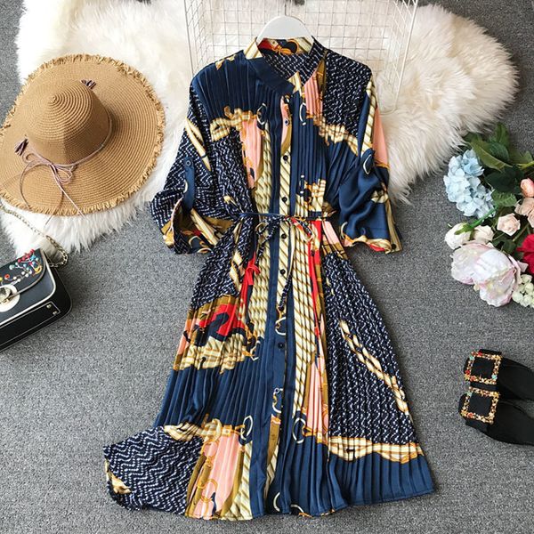 

women's summer print shirt dress long sleeve stand collar waist tie print dress loose chiffon pleated dress large size fashion, Black;gray