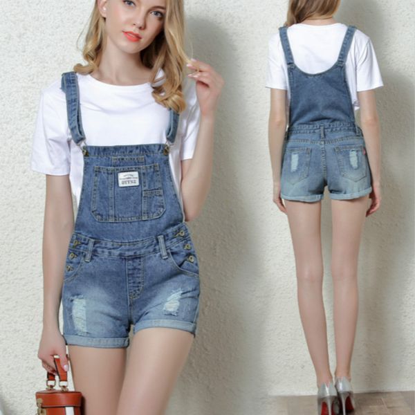 

women's jeans summer 2021 suspenders/women's denim shorts/ripped pants with flared corners, Blue