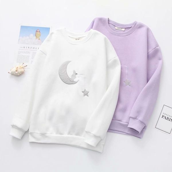

2018 autumn and winter new style korean-style moon embroidered crew neck warm plus velvet hoodie blouses four colors a generatio, Black