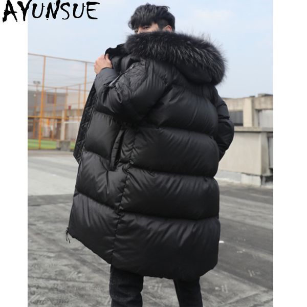 

ayunsue men's winter down jacket thick warm long coat 90% duck down jacket men raccoon fur collar korean puffer parka 2019 j2640, Black