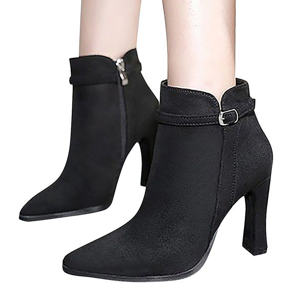 

youyedian high heels boots women buckle flock boots pointed toe solid women's autumn in ankle casual shoes carteira, Black