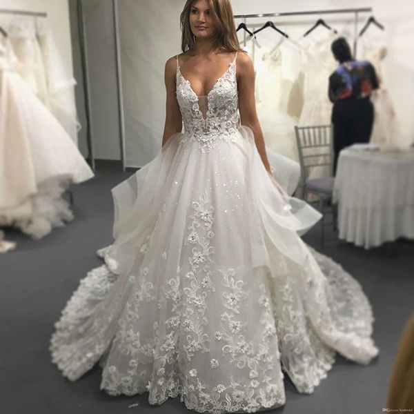 

elegant lace wedding dresses a line spaghetti v neck backless bridal gowns bead lace tulle sheer formal gowns for bride wed dress wed, White