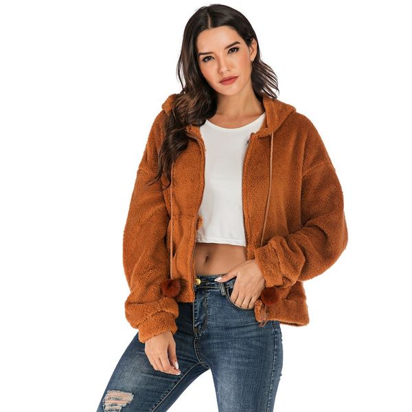 

hooded faux fur coat women 2019 autumn winter warm soft zipper fur jacket female plush overcoat pocket casual teddy outwear 906w, Black