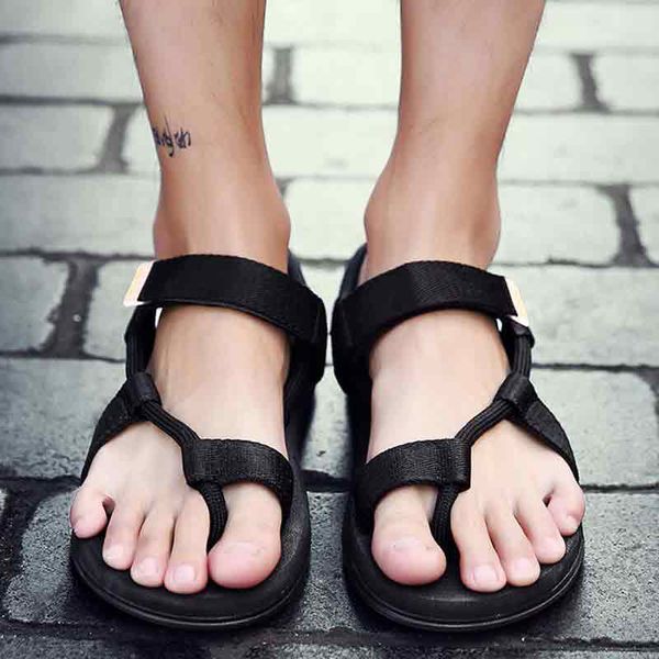 

mens sandals summer beach sandalias hook&loop casual flat shoes sandali for man male sandalen sandalia hombre buty meskie 2020, Black