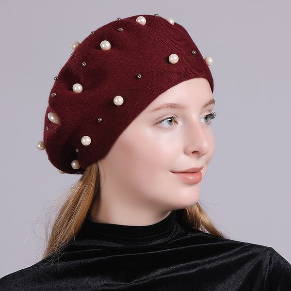 

women beret winter hat knit warm cashmere wool pearl autumn fashion beanie outdoor ski accessory female solid color headwear, Blue;gray