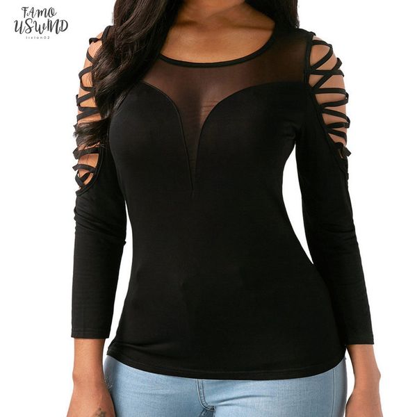 

women fashion off shoulder tshirt tunic long sleeve t shirt hollow out casual perspective perspective bottoming tights, White