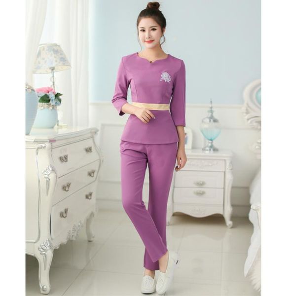 

women slim health and beauty clothing inwrought spa club uniform deep v neck half sleeve workwear f623, White