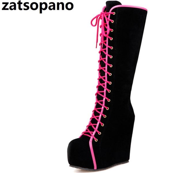 

zatsopano brand new zip wedges high heels increasing platform shoes for women casual winter knee high boots big size 34-40, Black