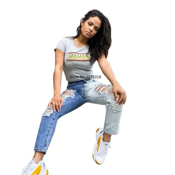 

2020 summer women new high waist patchwork hole denim pants fashion streetwear jeans trousers, Blue