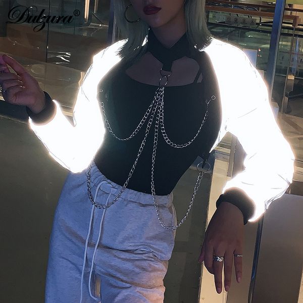 

dulzura 2019 autumn winter women coats jacket reflective chain streetwear festival clothing punk gothic casual loose oversized, Black;brown