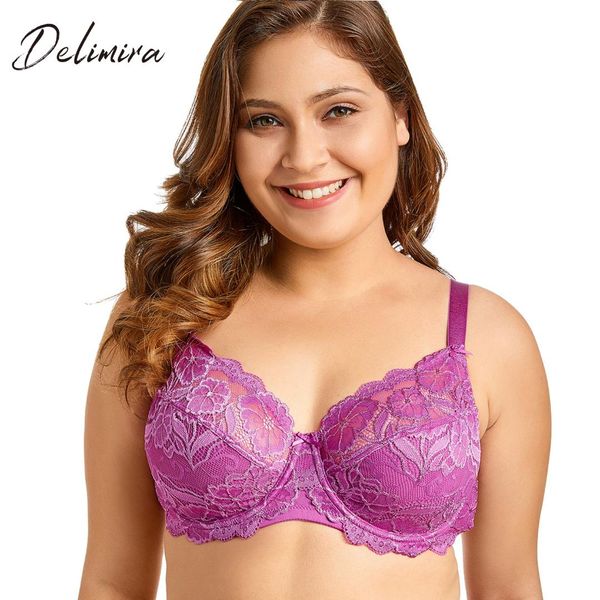 

delimira women full coverage underwired non-foam plus size floral lace bra, Red;black