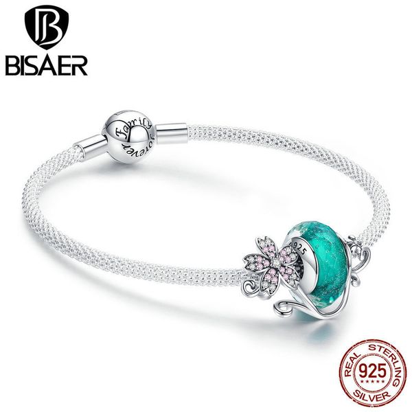 

bisaer 925 sterling silver bracelet unique design flower charm murano glass beads charms bracelets women valentine gift gxb822, Golden;silver