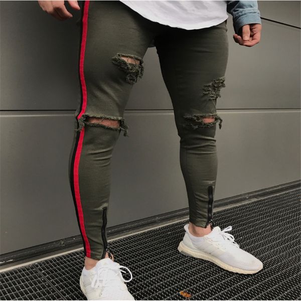 

skinny jeans for men hole denim jeans men full length streetwear, Blue