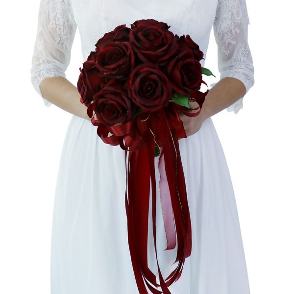 

luxury rose bridal bouquet silk flower wedding party p prop wine red