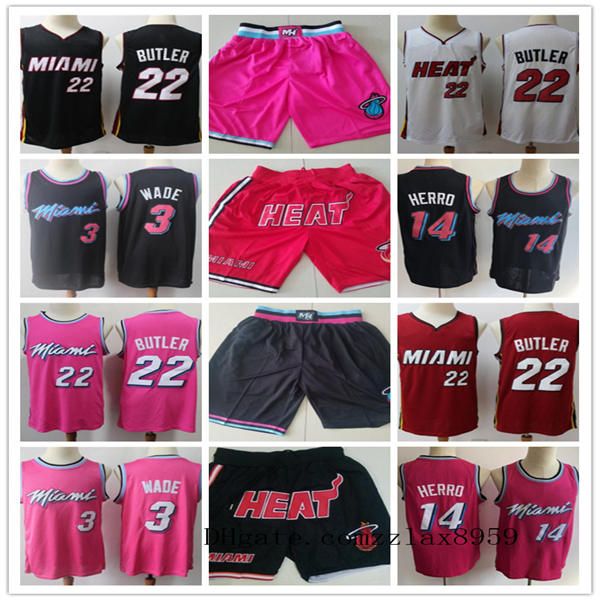 

mens miami nba heat throwback jerseys dwyane 3 wade tyler 14 herro jimmy 22 butler basketball shorts basketball jerseys pink orange, Black;red