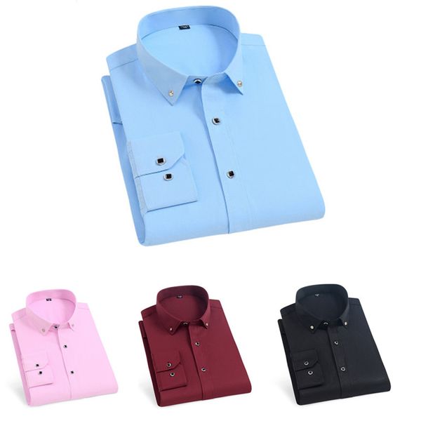

men's long-sleeve shirt buckle collar business solid color shirt korean style slim professional casual wear suit bottoming, White;black