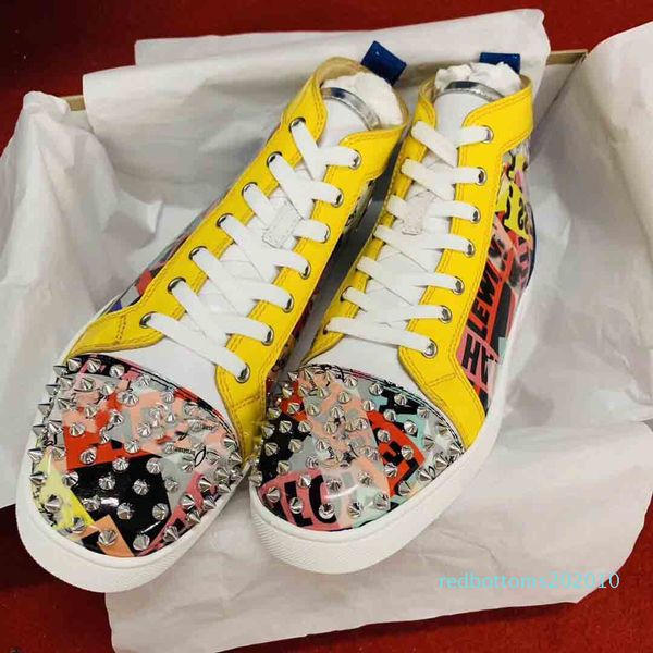 

multicolor patent leather spikes men's red bottom high seavaste 2 flat+brand print with lace-up red sole flat rivets trainers low/ r10, Black