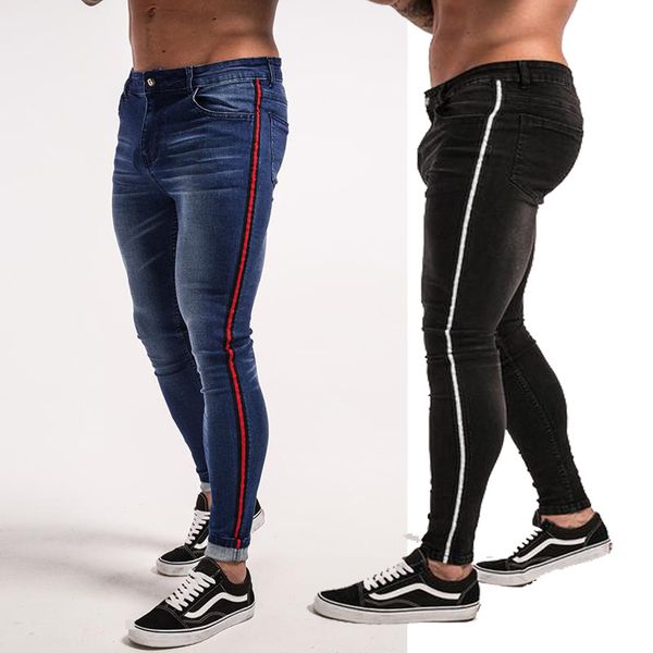 

mens spring hiphop street jeans striped black blue zipper design jean pants skinny trousers