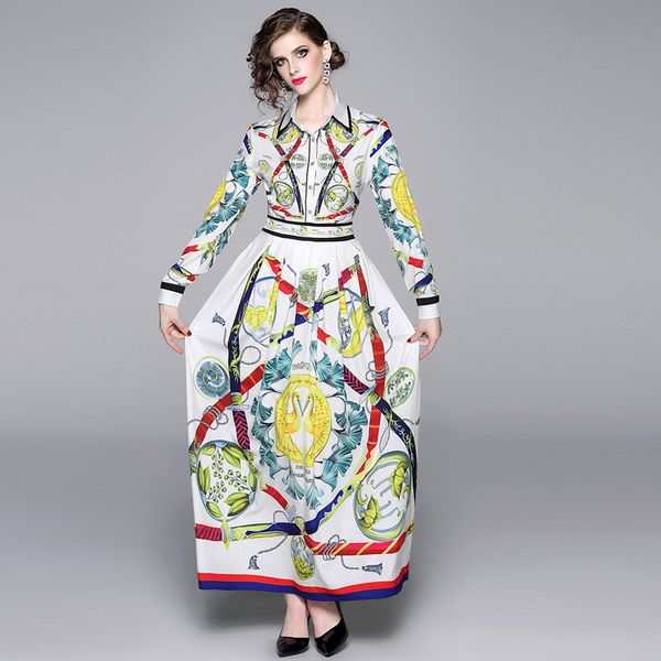

luxury designer classic maxi shirt dress spring autumn long sleeve retro printed party prom plus size ladies runway dresses, Black;gray