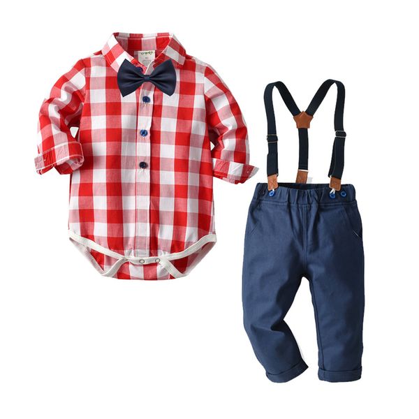 

детская одежда весной и осенью чистого хлопка решетки длинные рукава ха yi ремни брюки bow tie gentleman 4шт костюм мальчиков одежда, White