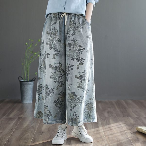 

2020 цветочные джинсы женщина большой размер эластичный пояс свободные джинсовые широкие брюки новые случайные шнурок печати карманные промы, Blue